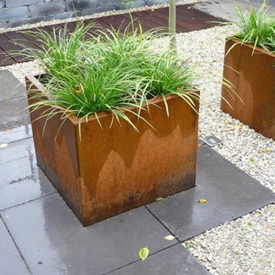 Grandi piantatrici d'acciaio dei vasi da fiori di Corten del giardino all'aperto