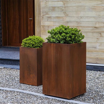 Grandi piantatrici d'acciaio dei vasi da fiori di Corten del giardino all'aperto